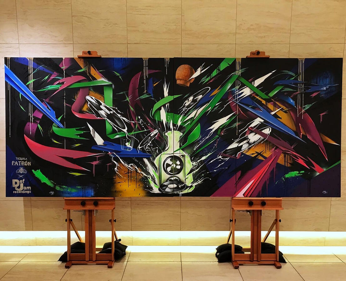Patron/ Def Jam Commission: Two 4' x 6' Canvas, Acrylic, Spray paint, Airbrush, 2018