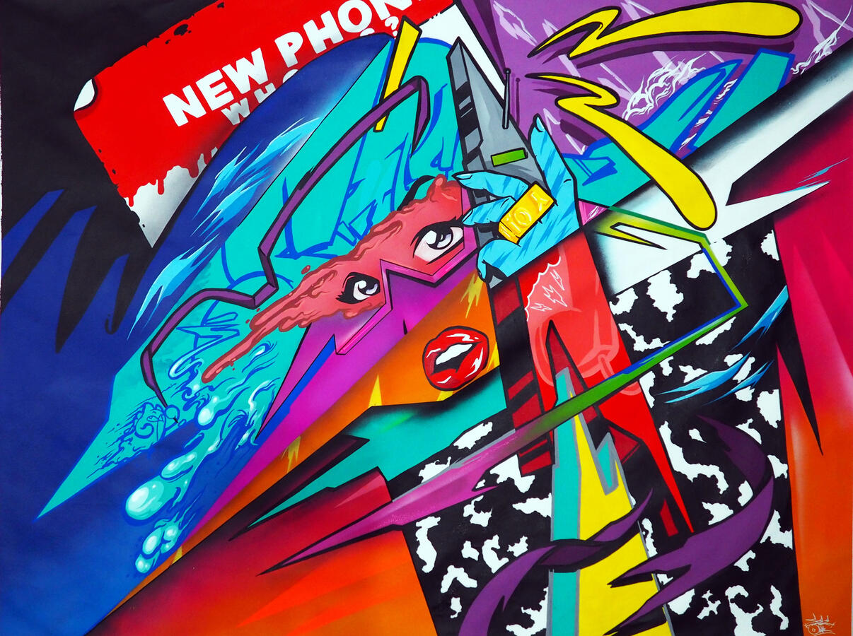 "New Phone, Who Dis?" - 30" x 40" Acrylic, Spray paint, Airbrush, 2017