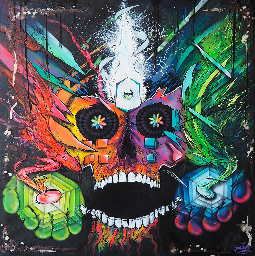 "Enlightened Mind" - 40" x 40" Acrylic, Spray paint, Airbrush, 2021