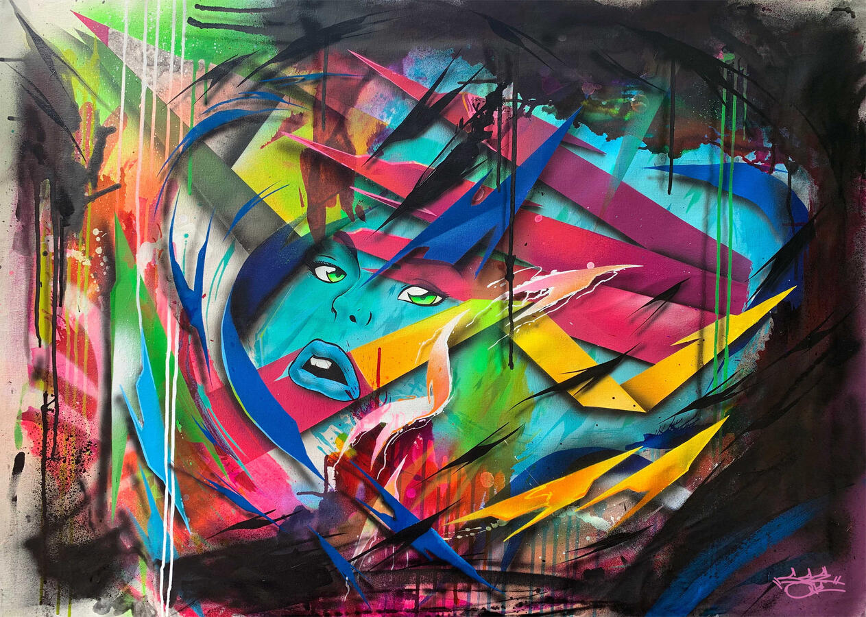 "Instant Transmission" - 18" x 24" Acrylic, Spray paint, Airbrush, 2019